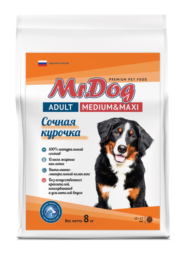 картинка "Mr.Dog" Сухой полнорационный корм с курицей для взрослых собак средних и крупных пород, 8 кг от магазина PFMrus