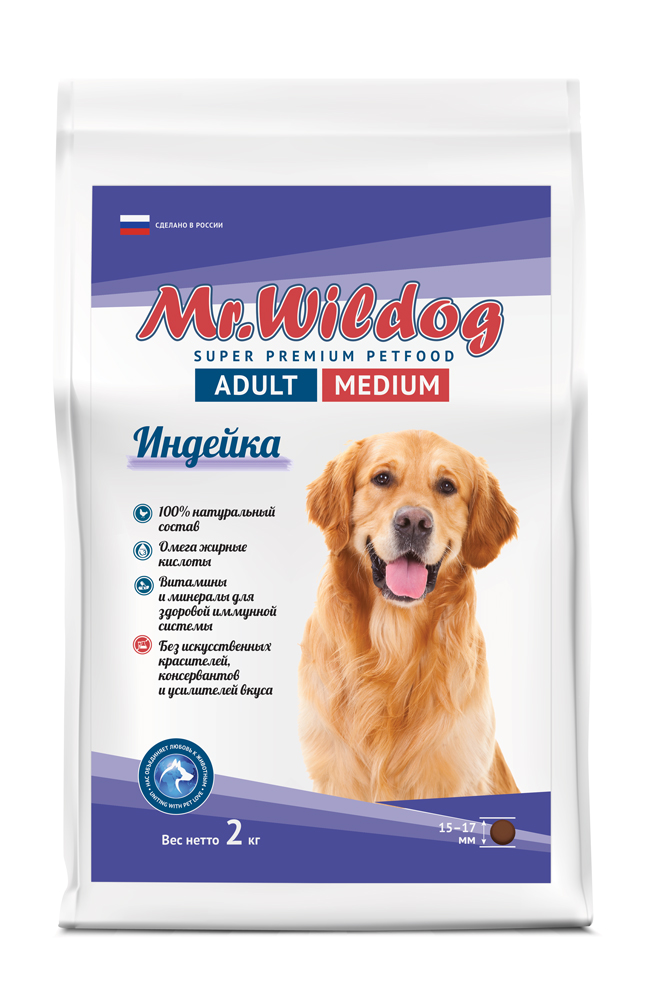 картинка “Mr.Wildog” Сухой полнорационный корм с индейкой для взрослых собак средних пород 2 кг от магазина PFMrus