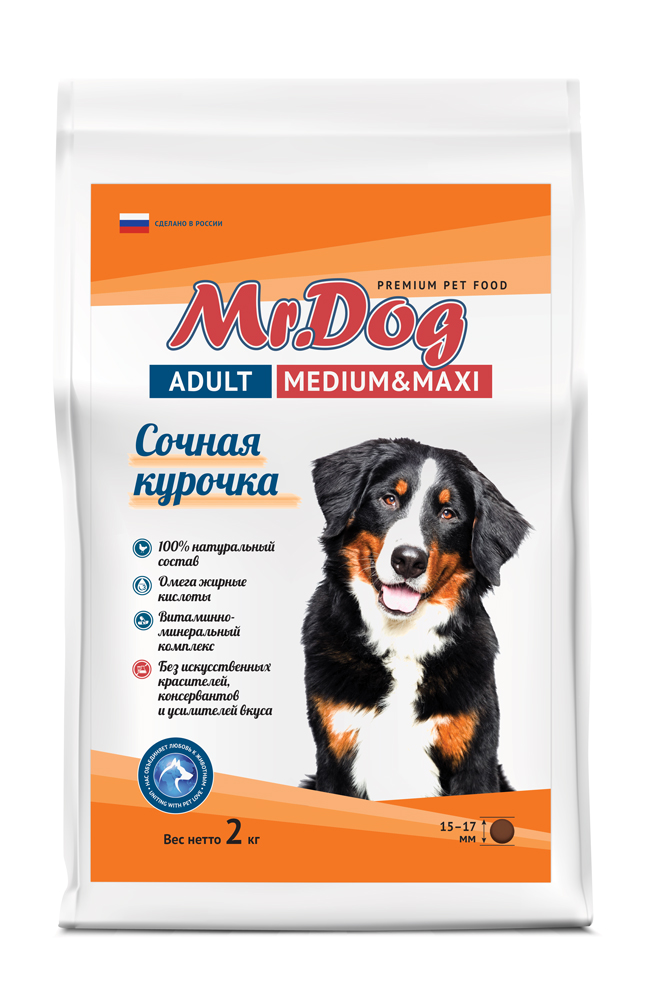 картинка "Mr.Dog" Сухой полнорационный корм с курицей для взрослых собак средних и крупных пород, 2 кг от магазина PFMrus