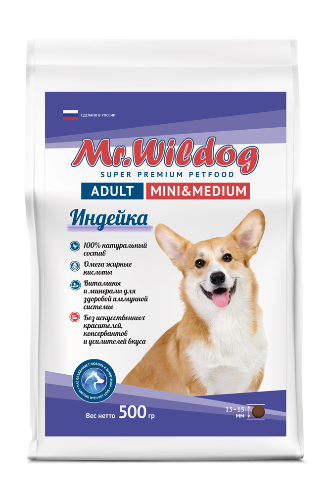 картинка “Mr.Wildog” Сухой полнорационный корм с индейкой для взрослых собак мелких и средних пород 500 гр от магазина PFMrus